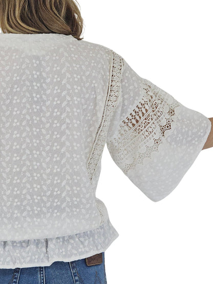 Woman's lace detail 100% Cotton White Top - Tenku Designs