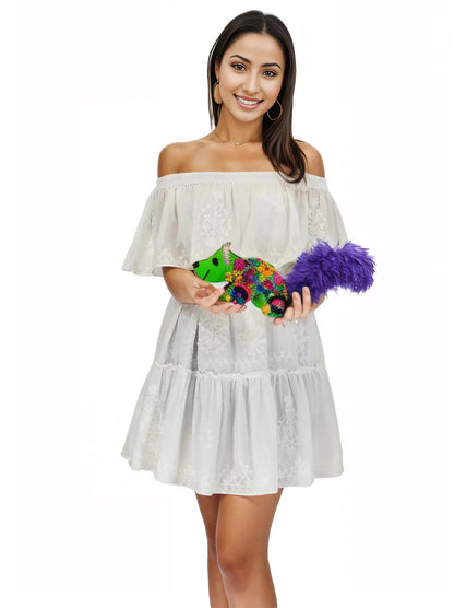 Woman's Off Shoulder 100% Cotton White Dress w/White Embroidery - Tenku Designs