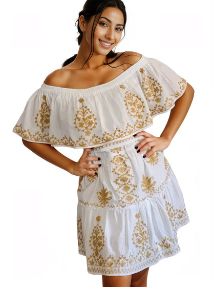Woman's off Shoulder Gold Embroidered 100% Cotton White Dress - Tenku Designs