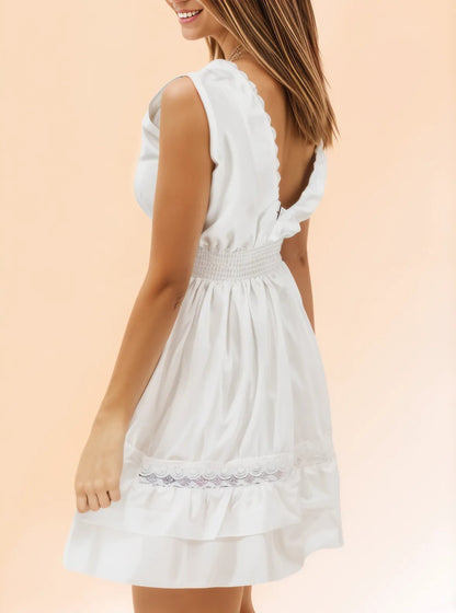 Woman's Sleeveless Lace Detail 100% Cotton White Dress - Tenku Designs