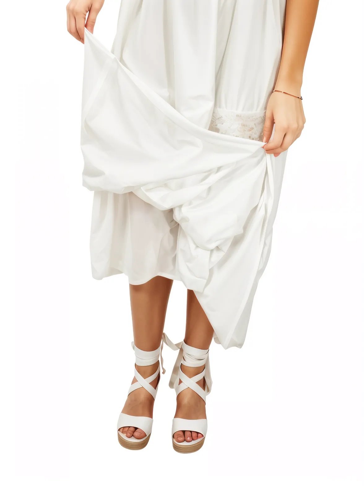 Woman's Sleeveless Lace Detail 100% Cotton White Dress - Tenku Designs