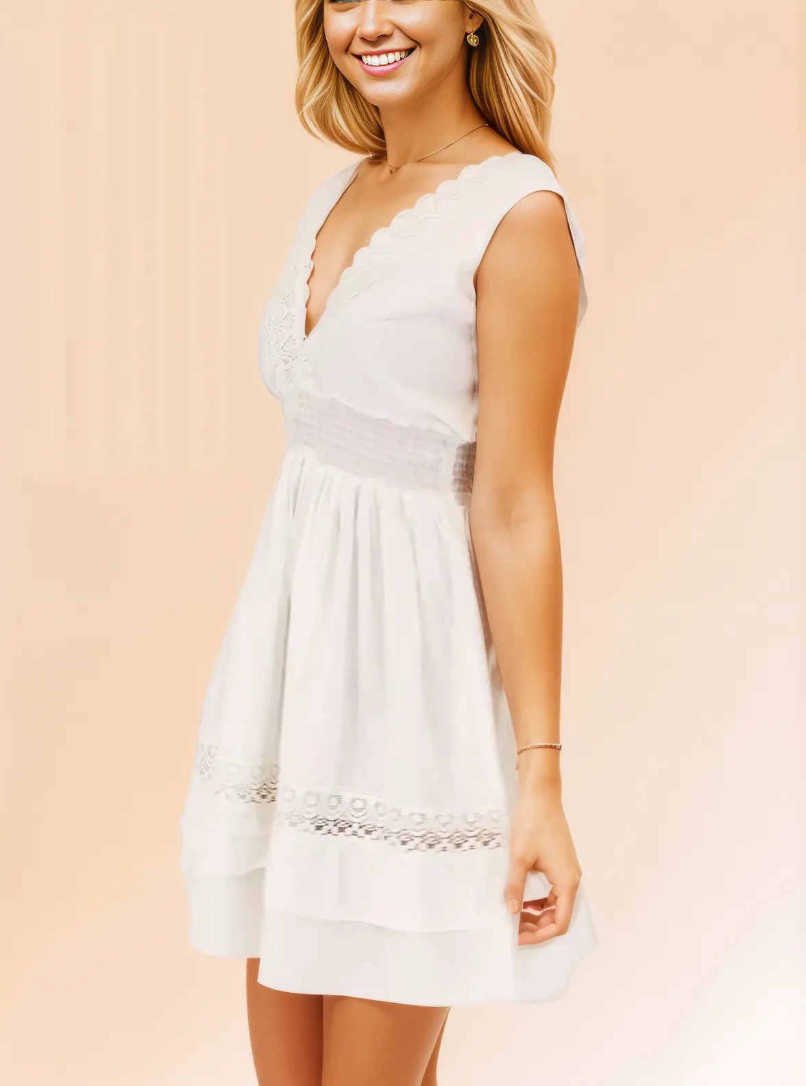 Woman's Sleeveless Lace Detail 100% Cotton White Dress - Tenku Designs