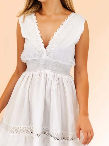 Woman's Sleeveless Lace Detail 100% Cotton White Dress - Tenku Designs